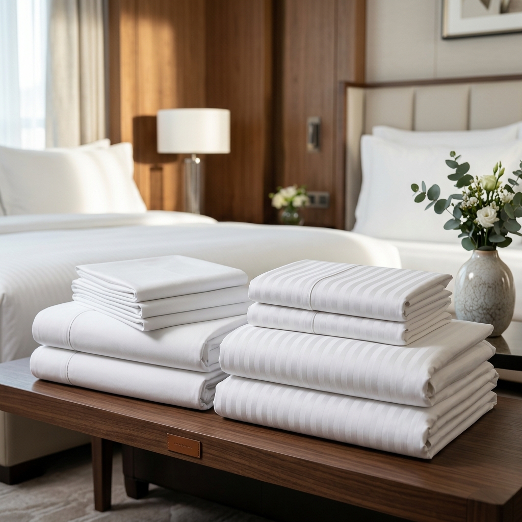 Premium White Plain and Satin Stripes Hotel Bedsheets Stack WOW Linens